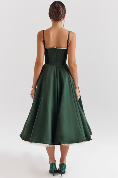 Forest Green Satin Tulle Midi Dress